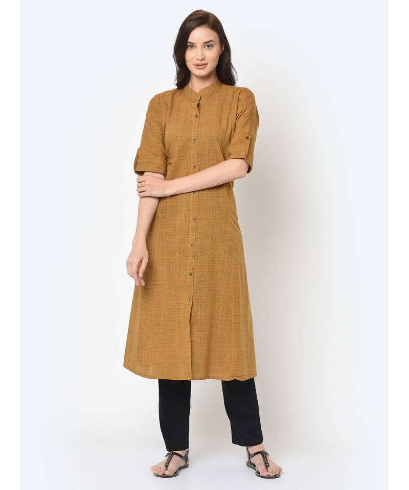 Mustard Pure Cotton A Line Kurta