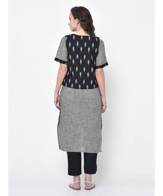 Women Black & White Woven Straight Kurta with Handloom Ikat Jacket 2