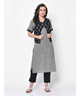 Women Black & White Woven Straight Kurta with Handloom Ikat Jacket 1