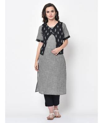 Women Black & White Woven Straight Kurta with Handloom Ikat Jacket 4