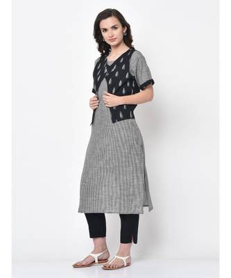 Women Black & White Woven Straight Kurta with Handloom Ikat Jacket 5