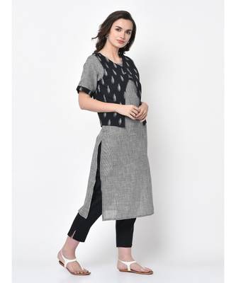Women Black & White Woven Straight Kurta with Handloom Ikat Jacket 6
