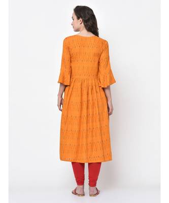 Women Mustard Ikat Printed Empire Dress 2