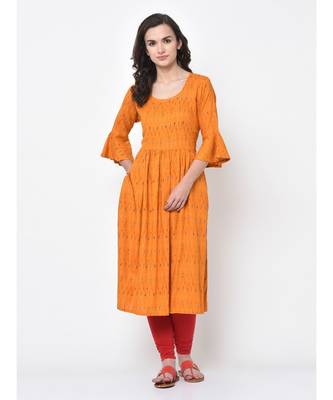 Women Mustard Ikat Printed Empire Dress 1