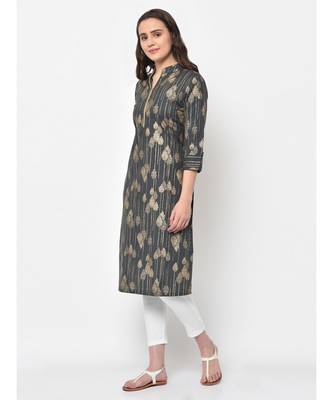 Women Grey & Gold Printed Straight Kurta 4