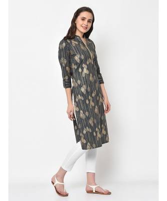 Women Grey & Gold Printed Straight Kurta 5