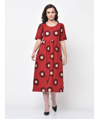 Women Red Linen Blend Fit And Flare Kurta 3