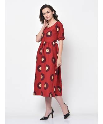 Women Red Linen Blend Fit And Flare Kurta 4