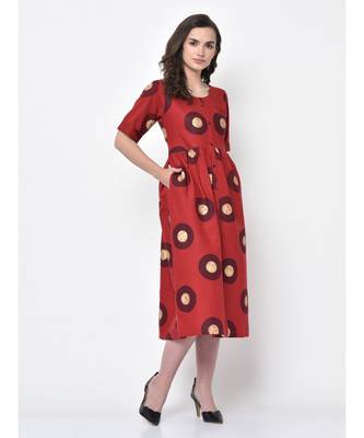 Women Red Linen Blend Fit And Flare Kurta 6