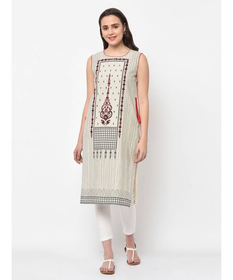 Women Off White Printed straight kurta