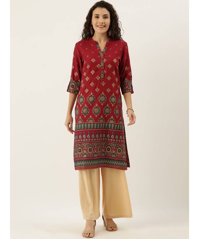 Maroon Viscose Rayon Flavido Women's Kurta