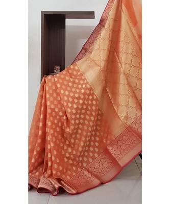 Orange silk cotton benaras brocade with antique zari butties on body, pallu and border saree 1