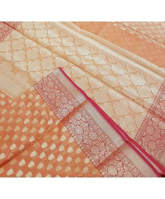 Orange silk cotton benaras brocade with antique zari butties on body, pallu and border saree 2