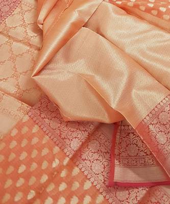 Orange silk cotton benaras brocade with antique zari butties on body, pallu and border saree 3