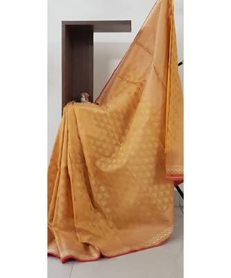 Mustard orange silk cotton benaras brocade with antique zari temple border saree 1