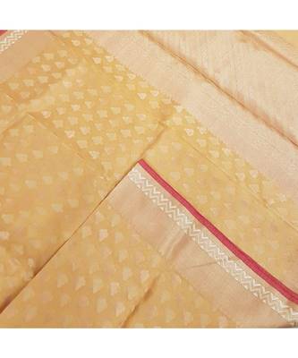Mustard orange silk cotton benaras brocade with antique zari temple border saree 4