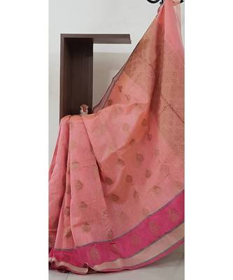 Pink shot Peach Silk Cotton Benaras Brocade saree with antique zari weaving all over the saree. 1