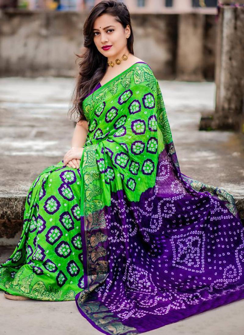 Parrot Green Designer Bandhani saree with blouse