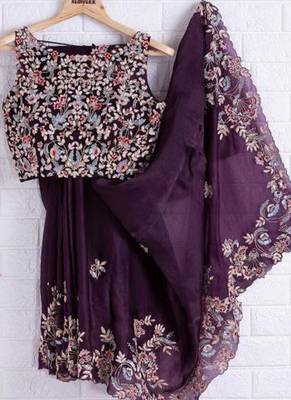 Wine Designer Organza saree with blouses 3