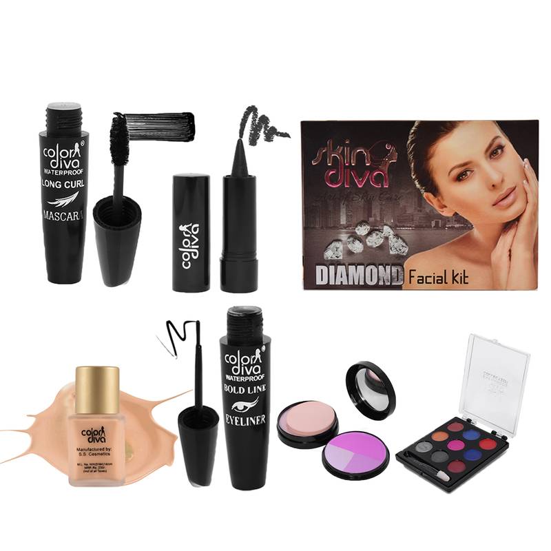 Skin Diva Beauty Make Up Kit  Facial Kit, Foundation, Eye Liner, Kajal, Mascara, Eye Shadow & Compact Powder Combo