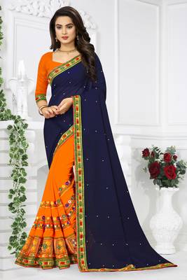 blue embroidered georgette saree with blouse 1