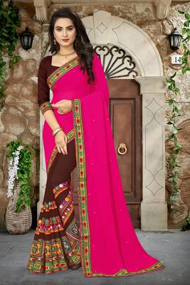 pink embroidered georgette saree with blouse 1