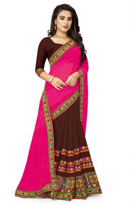 pink embroidered georgette saree with blouse 3