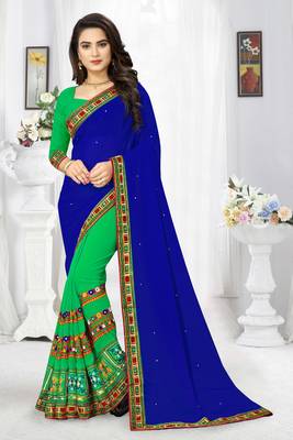 blue embroidered georgette saree with blouse 1