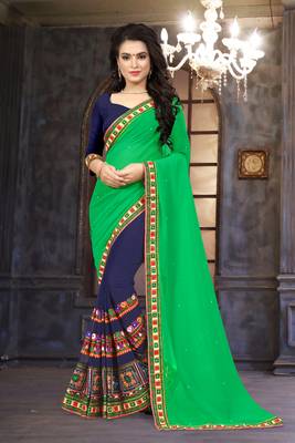 green embroidered georgette saree with blouse 1
