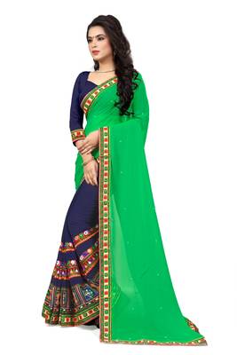 green embroidered georgette saree with blouse 2