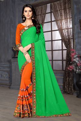 green embroidered georgette saree with blouse 1