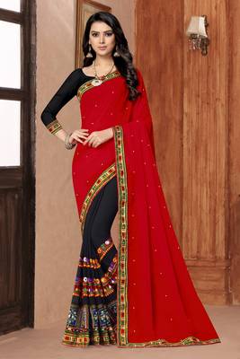 red embroidered georgette saree with blouse 1