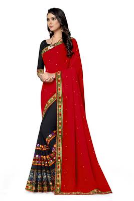 red embroidered georgette saree with blouse 2