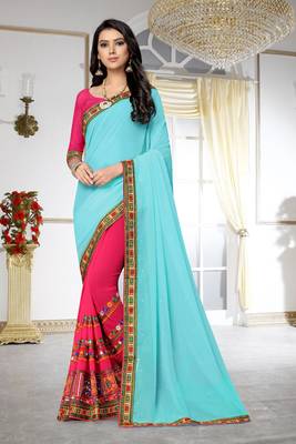 blue embroidered georgette saree with blouse 1