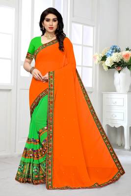 orange embroidered georgette saree with blouse 1