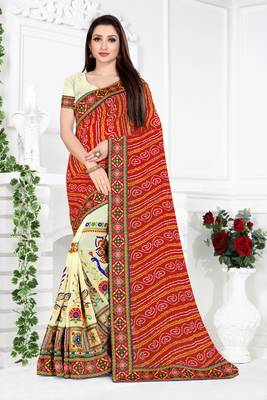 red embroidered georgette saree with blouse 1
