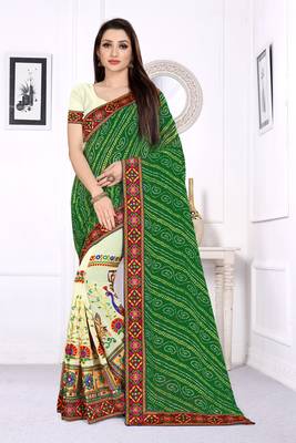 green embroidered georgette saree with blouse 1