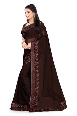 brown embroidered georgette saree with blouse 2