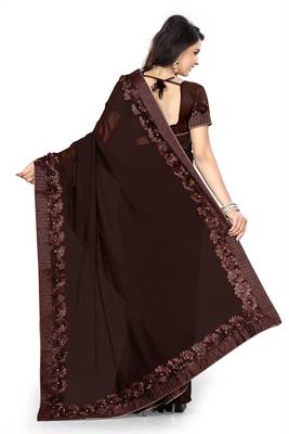 brown embroidered georgette saree with blouse 3