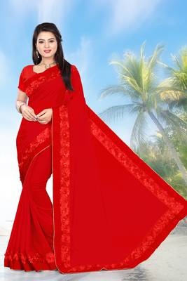 red embroidered georgette saree with blouse 1