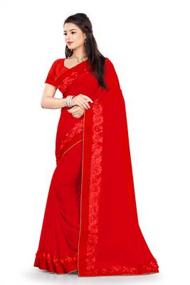 red embroidered georgette saree with blouse 2