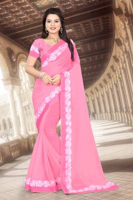pink embroidered georgette saree with blouse 1