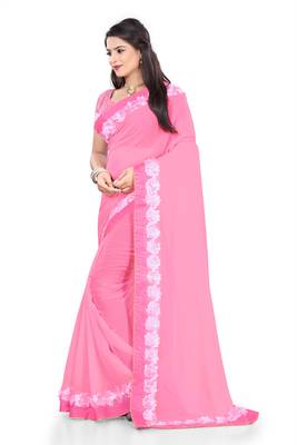 pink embroidered georgette saree with blouse 2