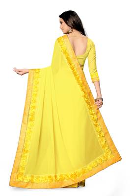 yellow embroidered georgette saree with blouse 4