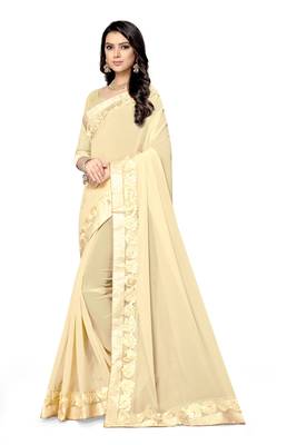 beige embroidered georgette saree with blouse 2
