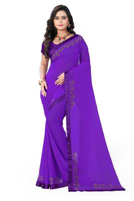 purple printed georgette saree with blouse 1