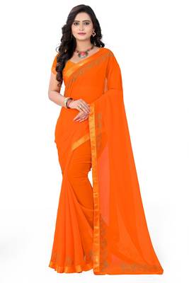 orange printed georgette saree with blouse 1