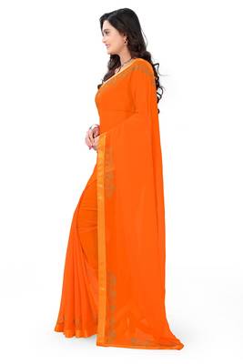 orange printed georgette saree with blouse 2