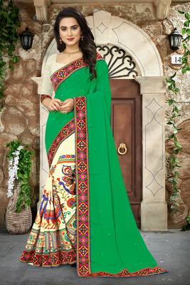 green embroidered georgette saree with blouse 1