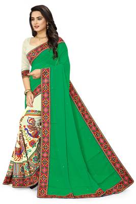 green embroidered georgette saree with blouse 2